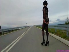 Outdoor crossdresser on public streetlingerie & a mp heels