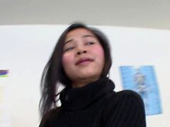 Petite asian whore fucks hard and gets cum on tits